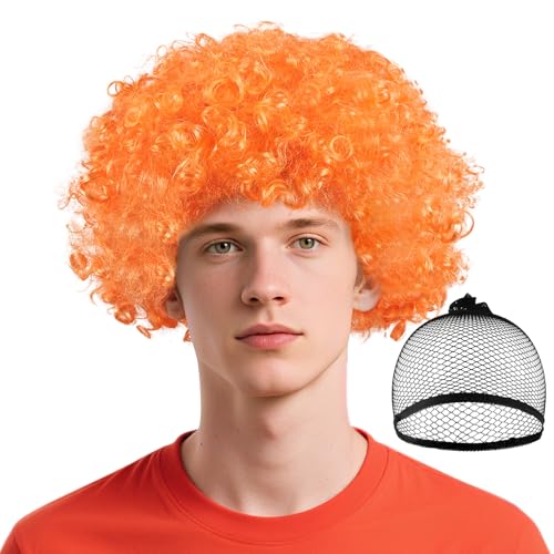 BSBUY Afroperücke Afro Bunt Krause Locken Clown Perücke Herren Lockenkopf Lockenperücke 70er Jahre Disco Clownperücke Damen Clown Cosplay für Karneval/Halloween/Cosplay Party/Zirkusshow/Tanzen(Orange) von BSBUY