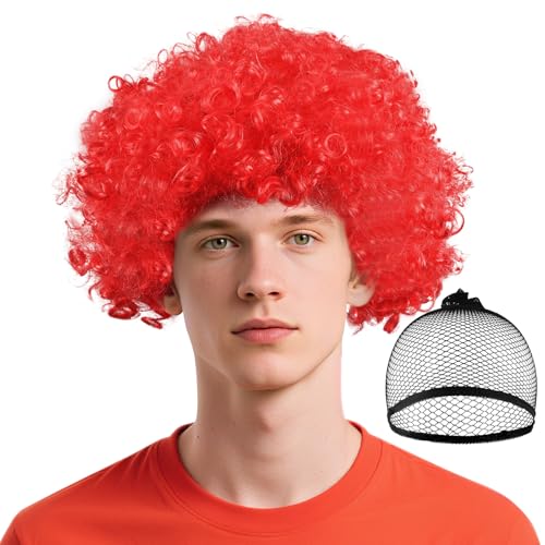 BSBUY Afroperücke Afro Bunt Krause Locken Clown Perücke Herren Lockenkopf Lockenperücke 70er Jahre Disco Clownperücke Damen Clown Cosplay für Karneval/Halloween/Cosplay Party/Zirkusshow/Nachtclub(Rot) von BSBUY