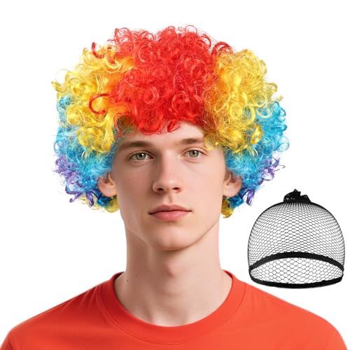 BSBUY Afroperücke Afro Regenbogen Bunt Krause Locken Clown Perücke Lockenkopf Lockenperücke 70er Jahre Disco Clownperücke Damen Clown Cosplay für Karneval/Halloween/Cosplay Party/Zirkusshow-Regenbogen von BSBUY