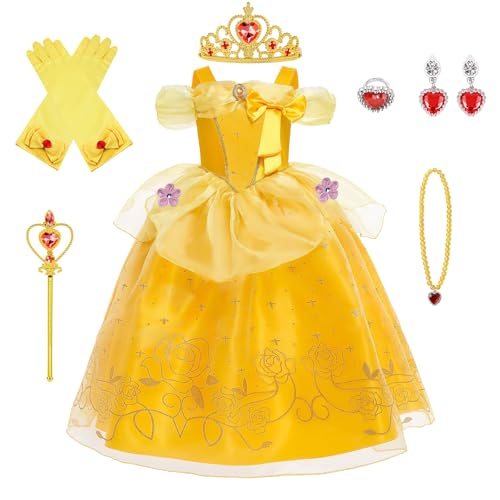 BSBUY Belle Kostüm Kinder Mädchen, 7Pcs Kleid Kinder mit Krone Schmuck Handschuhe Zauberstab Halskette und Ringe Princess Costume für Verkleidung Karneval Halloween Geburtstag Prinzessin Dress Up(130) von BSBUY