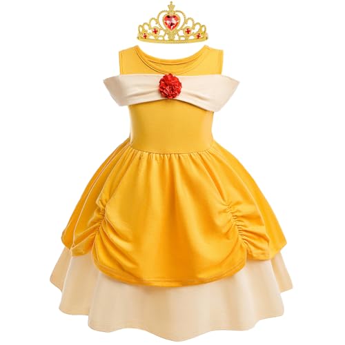 BSBUY Belle Kostüm Kinder Mädchen 2Pcs Prinzessin Kleid Kinder mit Krone Cosplay Outfit Gelbes ärmelloses Princess Costume für Verkleidung Karneval Halloween Geburtstag Cosplay Kostüm for Girls (100) von BSBUY