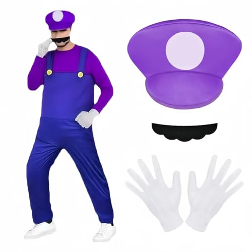 BSBUY Cosplay Kostüm, 4 Pcs Waluigi Cosplay mit Mütze Hose Bart Handschuhe, Super-Brüder Waluigi Kostüm Set Männer Damen, Erwachsene Outfit Kostüm für Weihnachten Karneval Faschingskostüme (Lila,L) von BSBUY