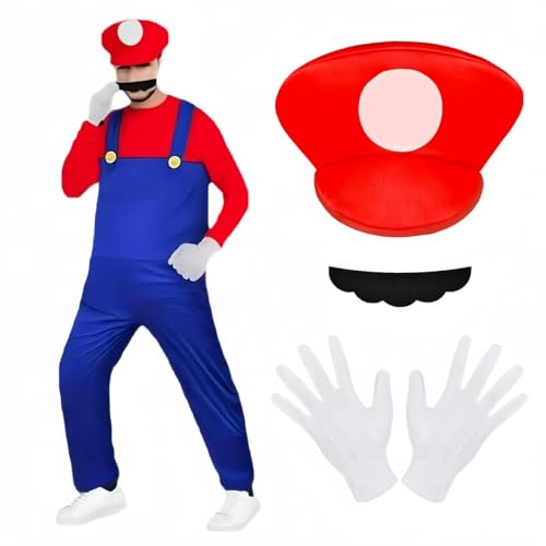 BSBUY Cosplay Kostüm, 4Pcs Super-Brothers Cosplay mit Mütze Hose Bart Handschuhe, Super-Brüder Mario Kostüm Set Männer Damen, Erwachsene Outfit Kostüm für Weihnachten Karneval Faschingskostüme (Rot,L) von BSBUY