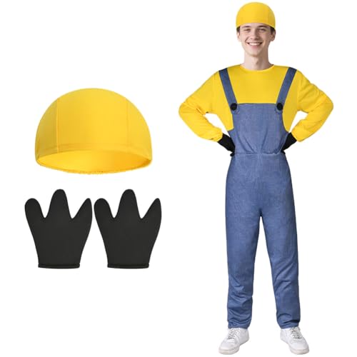 BSBUY Cosplay Kostüm 3Pcs Minion Cosplay mit Mütze Hose Handschuhe Minion Costume Set Männer Damen Film Kostüm Erwachsene Outfit Kostüm für Halloween Karneval Cosplay Party Faschingskostüme (Gelb, L) von BSBUY