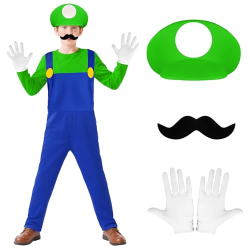 BSBUY Cosplay Kostüm Kinder 4PC Super-Brothers Luigi Cosplay mit Hat Hose Bart Handschuhe Super-Brüder Wario Waluigi Kostüm Set Outfit Kostüm Jungen für Halloween Karneval Party Child Costume (Grün,L) von BSBUY