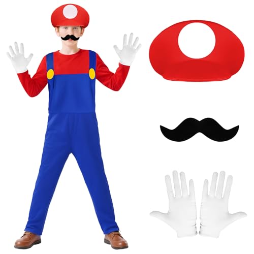 BSBUY Cosplay Kostüm Kinder 4PC Super-Brothers Luigi Cosplay mit Hat Hose Bart Handschuhe Super-Brüder Wario Waluigi Kostüm Set Outfit Kostüm Jungen für Halloween Karneval Party Child Costume (Red,M) von BSBUY