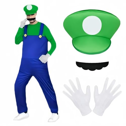 BSBUY Cosplay Kostüm Set, 4 Pcs Luigi Cosplay mit Mütze Hose Bart Handschuhe, Super-Brüder Luigi Kostüm Set Männer Damen, Erwachsene Outfit Kostüm für Weihnachten Karneval Faschingskostüme (Grün,L) von BSBUY