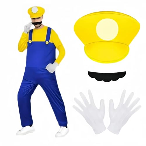 BSBUY Cosplay Kostüm Set, 4 Pcs Wario Cosplay mit Mütze Hose Bart Handschuhe, Super-Brüder Wario Kostüm Set Männer Damen, Erwachsene Outfit Kostüm für Weihnachten Karneval Faschingskostüme (Gelb,L) von BSBUY
