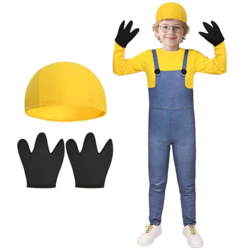 BSBUY Cosplay Kostüm Set 3Pcs Minion Cosplay mit Mütze Hose Handschuhe Minion Costume Set Junge Mädchen Film Kostüm für Kinder Outfit Kostüm für Halloween Karneval Cosplay Party Faschingskostüme-D von BSBUY