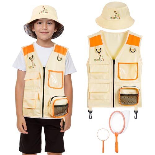BSBUY Forscherset für Kinder 4Pcs Exploration Spielzeug mit Frachtweste Hut Insektennetz und Lupe Outdoor Spielzeug für Natur Erforschen Camping Forscher Safari Entdecker Set für Jungen Mädchen Orange von BSBUY