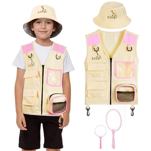 BSBUY Forscherset für Kinder 4Pcs Exploration Spielzeug mit Frachtweste Hut Insektennetz und Lupe Outdoor Spielzeug für Natur Erforschen Camping Forscher Safari Entdecker Set für Jungen Mädchen Rosa von BSBUY