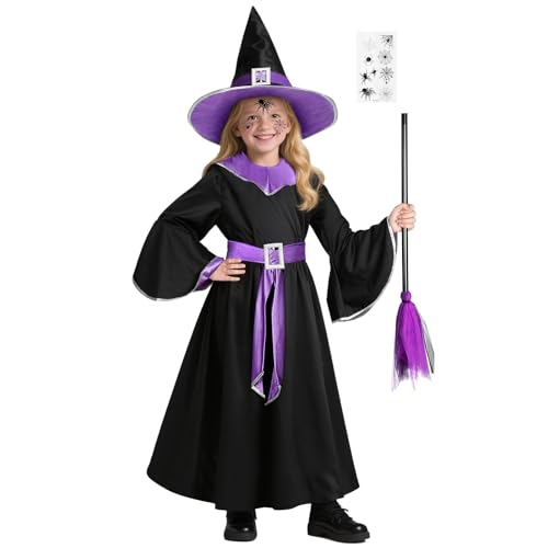 BSBUY Halloween Kostüm Kinder 5PC Schwarz Lila Hexenkostüm Set mit Hexenkleid/Zaubererhut/Gürtel/Hexen-Zauberbesen/Tattoo-Aufkleber Zauberer Kostüm Kinder Hexenkostüm Mädchen für Karneval Fasching M von BSBUY