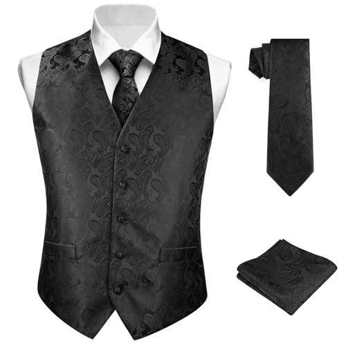 BSBUY Herren Weste Casual 3Pcs Anzugweste mit 2Taschen Krawatte Taschentuch Einstecktuch Mens Weste Anzug Paisley Floral Jacquard Vintage Classic Weste Anzug Set für Formale Hochzeit Party Groomsmen M von BSBUY