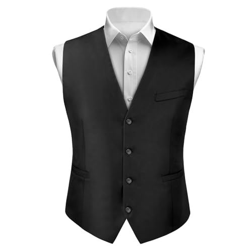 BSBUY Herren Weste Casual Anzugweste Regular mit 2 Taschen Mens V-Ausschnitt Weste Anzug Volltonfarbe Vintage Classic Gothic Weste Anzug Set für Formale Business Hochzeit Party Groomsmen Schwarz XL von BSBUY
