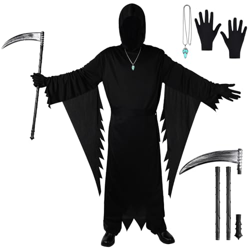 BSBUY Horror Erwachsene Kostüm Set 5PC Schwarz Halloween Geister Costume Set mit Kapuzenmantel/Handschuhe/Gürtel/Todessense/Leuchtende Halskette Herren Sensenmann Kostüm Damen Reaper Scream Outfit M von BSBUY