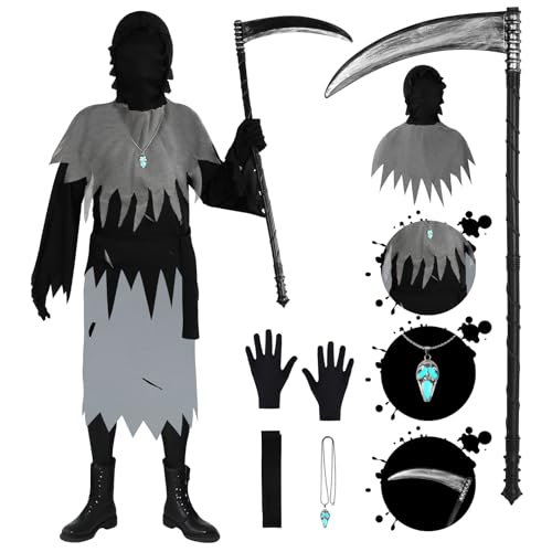 BSBUY Horror Kostüm Kinder Set 6PC Schwarz Halloween Geister Costume Set mit Gürtel/Hüte/Roben/Handschuhe/Sensenmann-Sense/Nachtleuchtende Totenkopf-Halskette Sensenmann Kostüm Scream Outfit (B,150) von BSBUY