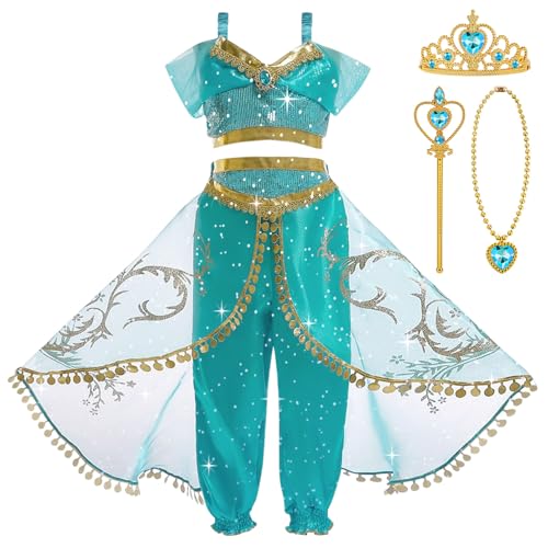 BSBUY Jasmin Kostüm 6Pcs Prinzessin Kleid Kostüm für Mädchen mit Oberteil Hose Halskette Brosche Krone und Zepter Aladin Cosplay Outfit Hellgrüne Pailletten Kostüm Halloween Verkleidung Karneval (150) von BSBUY