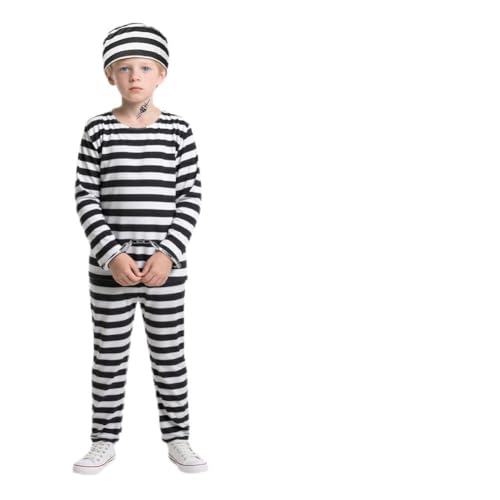 BSBUY Kinder Kostüm Häftling Set 5Pcs Gefängniskostüm Uniform Jungen mit Sträfling Oberteil Verbrecher Hose Knast Hut Häftlingsnummer Handschellen und Aufkleber Faschingskostüme Halloween Karneval 150 von BSBUY
