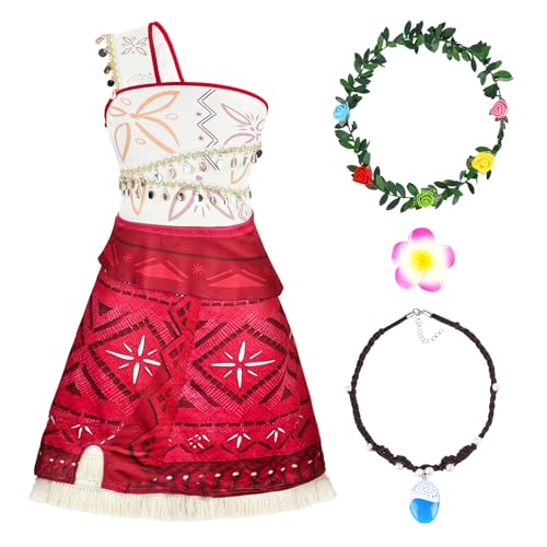 BSBUY Kinder Moana Prinzessin 4Pcs Vaiana Mädchen Kostüm Sommer Kleid Verkleidung mit Zubehör Blumenkrone Halskette Blumenclip Verkleidung Karneval Halloween Geburtstag Girls Prinzessin Dress Up (130) von BSBUY
