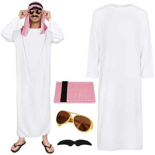 BSBUY Kostüm Arabischer Scheich 4Pcs Scheich Kostüm Herren mit Weißes Arabisches Gewand kariertes Kopftuch Brille und Bart Sheikh Araber Kostüm Cosplay Outfits Faschingskostüme Scheich Arabo Costume von BSBUY