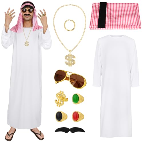 BSBUY Kostüm Arabischer Scheich Set 10 Pcs Scheich Kostüm Herren mit Weißes Arabisches Gewand kariertes Kopftuch Brille Halsketten Armbänder Ringe und Bart Sheikh Araber Kostüm Scheich Arabo Costume von BSBUY