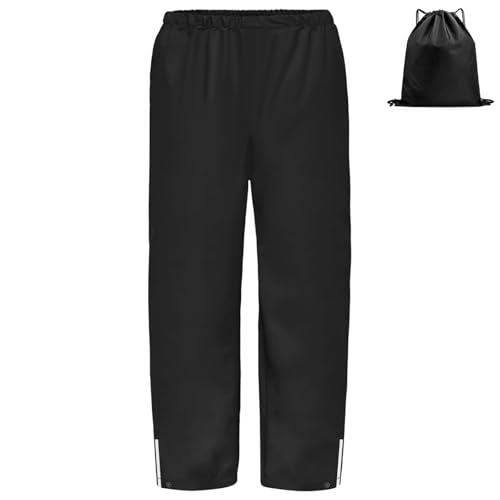 BSBUY Leichte Regenhose Kinder Matschhose Regenlatzhose mit Aufbewahrungstasche Ohne Träger mit Reflektorstreifen Regenbundhose Wasserdicht Winddicht Atmungsaktiv Rain Pants Matschanzug (Schwarz,142) von BSBUY