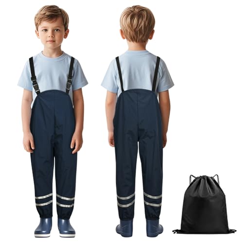 BSBUY Leichte Regenhose Kinder Unisex Matschhose Regenlatzhose mit Reflektorstreifen Einfaches An- Ausziehen Regenbundhose Mädchen Wasserdicht Winddicht Atmungsaktiv Jungen Matschanzug(Marineblau,140) von BSBUY