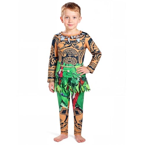BSBUY Maui Kostüm Set Jungen Ocean Kostüm Moana Halbgott Cosplay Pyjama Kinder Langarm Tattoo Top Blatt Hose Karneval Halloween Geburtstag Rollenspiel Outfit Verkleidung Vaiana Maui Schlafanzug 130cm von BSBUY
