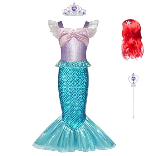 BSBUY Meerjungfrau Kostüm Mädchen Fliegende Ärmel Arielle Prinzessinnenkleid Meerjungfrau Dressup Kinder Lila Prinzessin Kleid mit Roter Perücke Krone Spazierstock Karneval Party Halloween Cosplay 150 von BSBUY