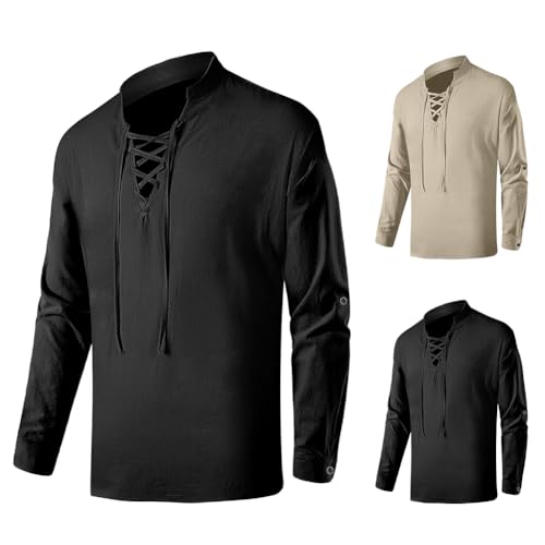 BSBUY Mittelalter Hemd Herren Piratenhemd Langarm Freizeithemd Herren Hemd 100% Baumwolle Traditioneller Retro-Stil Hemd Mittelalter Kostüm Wiking Halloween Ritterhemd Renaissance Hemden Schwarz 2XL von BSBUY