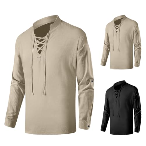 BSBUY Mittelalter Hemd Herren Piratenhemd Langarm Freizeithemd Herren Hemd 100% Baumwolle Traditioneller Retro-Stil Hemd Mittelalter Kostüm Wiking Halloween Ritterhemd Renaissance Herrenhemd Khaki 2XL von BSBUY