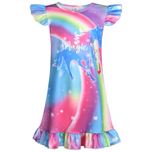 BSBUY Nachthemd Mädchen Kurzarm Schlafkleid Unicorn Nachthemden Kinder U-Ausschnitt Schlafanzug Kleid Mädchen Nachthemd Sommer Rosa Prinzessin Nightdress Hypoallergen Atmungsaktives Nachtkleid (110) von BSBUY