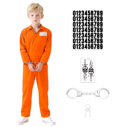 BSBUY Prisoner Overall Kostüm Kinder Häftling Set 4PCS Orange Gefängniskostüm Gefangener Kostüm Sträflingsoutfit mit Sträfling Overall/Häftlingsnummer-Tag/Handschellen/Aufkleber Halloween Karneval 130 von BSBUY