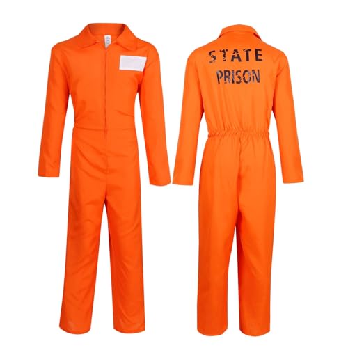 BSBUY Prisoner Overall Kostüm Set 6PC Orange Gefängniskostüm Gefangenerkostüm mit Sträfling Elastischer Overall/Häftlingsnummer-Tag/Häftlingsnummer/Handschellen/Silberkette/Aufkleber Karneval Party XL von BSBUY