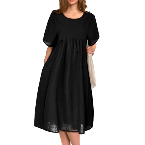 BSBUY Sommerkleid Damen Übergröße Sommerkleider Baumwolle Kleider Midikleid mit Taschen Casual Freizeitkleid Rund Kleid Kurzarm Strandkleid für Zuhause Ausgehen Spazieren Shoppen Schlafen (Schwarz,L) von BSBUY
