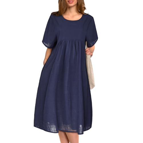BSBUY Sommerkleid Damen Übergröße Sommerkleider Baumwolle Kleider Midikleid mit Taschen Casual Lose Freizeitkleid Kleid Kurzarm Strandkleid für Zuhause Ausgehen Spazieren Shoppen Schlafen (Marine,XL) von BSBUY