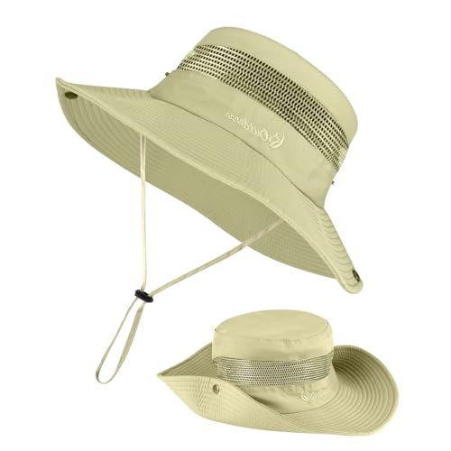BSBUY Sonnenschutzhut UPF 50+ UV-Schutz Herren Sonnenhut Wasserdichter Fischerhut Bucket Hut Damen Breite Krempe Buschhut mit Kinnband Mesh Atmungsaktiv Angelhut für Outdoor Angeln Jagd Camping(Khaki) von BSBUY