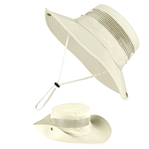 BSBUY Sonnenschutzhut UPF 50+ UV-Schutz Herren Sonnenhut Wasserdichter Fischerhut Bucket Hut Damen Breite Krempe Buschhut mit Kinnband Mesh Atmungsaktiv Angelhut für Outdoor Angeln Jagd Camping(Beige) von BSBUY