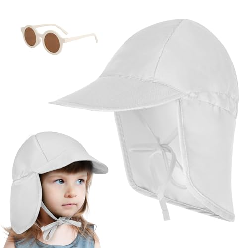 BSBUY Kinder Sonnenhut 2Pcs Sommer Sonnenschutz Set Junge mit Baby Sonnenhüte und Sonnenbrille Kleinkind Sonnenhut UPF 50+ UV-Schutz Kinder Cap mit Einstellbares Design Bindebänder Nackenschutz (Weiß) von BSBUY
