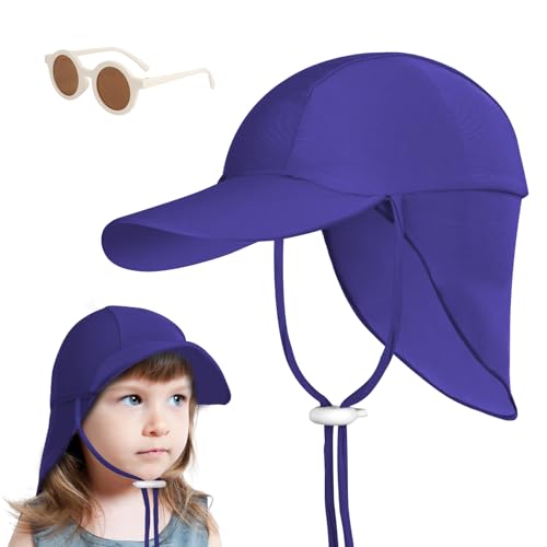 BSBUY Unisex Kinder Sonnenhut 2Pcs Sonnenschutz Set mit Baby Sonnenhüte und Sonnenbrille Kleinkind Sonnenhut UPF 50+ UV-Schutz Kinder Cap mit Einstellbares Design Bindebänder Nackenschutz (Marineblau) von BSBUY