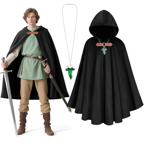 BSBUY Unisex Mittelalter Set mit Umhang/Grüne Blattkette Mittelalter Umhang mit Kapuze Renaissance Cloak Wikinger Kleidung Damen Cape Herren Gandalf Kostüm Halloween Costume Umhang Karneval (Schwarz) von BSBUY