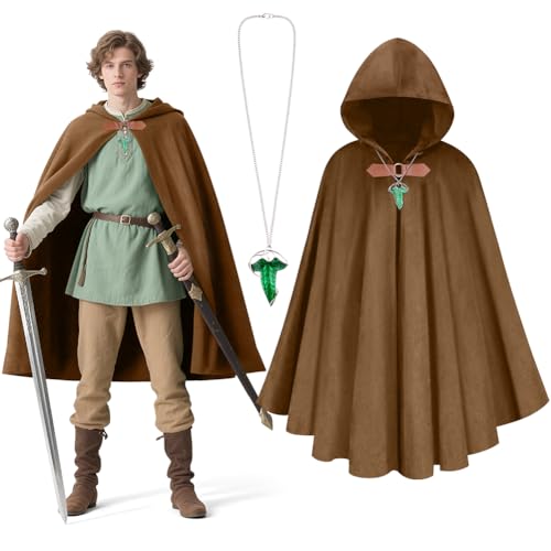 BSBUY Unisex Mittelalter Set mit Umhang und Grüne Blattkette Mittelalter Umhang mit Kapuze Renaissance Cloak Wikinger Kleidung Damen Cape Herren Gandalf Kostüm Halloween Costume Umhang Karneval(Braun) von BSBUY