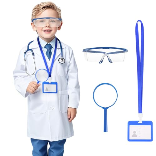 BSBUY Weißer Laborkittel Arztkittel Set Kinder 4 Stück Wissenschaftler Kostüm mit Ausweiskarte Gläser Lupe Glas Kinder Doktor Kostüm Medizin Labormantel Kittel Chemie für Rollenspiele Schulprojekte S von BSBUY