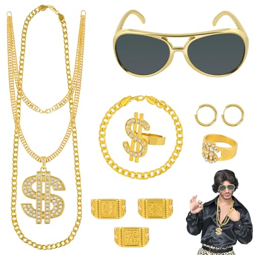 BSBUY Zuhälter Kostüm Set 10Pcs Rapper Hip Hop Accessoires mit Ohrringe Dollar Kette Große Gold Halskette Dollarzeichen Ring Goldenes Armband Herren Gangster Gang Ring für 80s/90s Fasching Karneval-A von BSBUY
