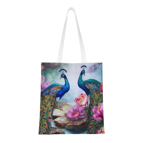 BSCKKDMN Bengalische Tiger-Tragetasche für Damen, Canvas-Schultertasche mit Taschen, Einkaufstasche, niedlich, wiederverwendbar, Einkaufstasche, Schöne Pfauen und Lotusen, Einheitsgröße von BSCKKDMN