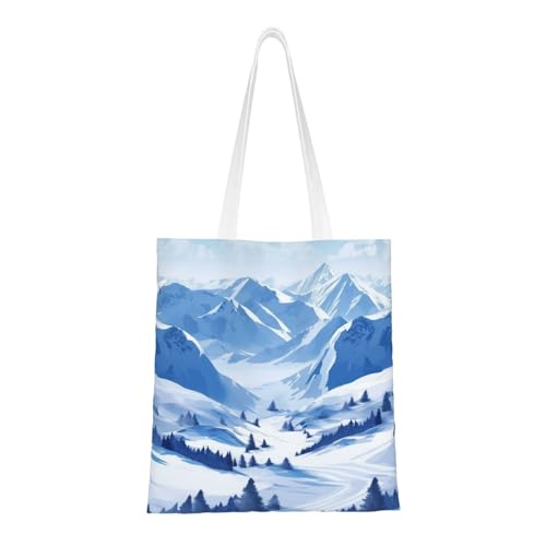 BSCKKDMN Einkaufstasche für Damen, Motiv: Weihnachtsbaum, Segeltuch, Schultertaschen mit Taschen, Einkaufstasche, niedlich, wiederverwendbar, Einkaufstasche, Schöne Landschaft verschneite Berge von BSCKKDMN