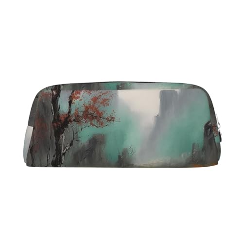 BSCKKDMN Leder-Federmäppchen, niedliches Federmäppchen mit Reißverschluss, multifunktional, Reise-Make-up, Kosmetiktasche, Landschaftsmalerei, Schlüsseltasche für Damen, Herren, Arbeit, Büro von BSCKKDMN