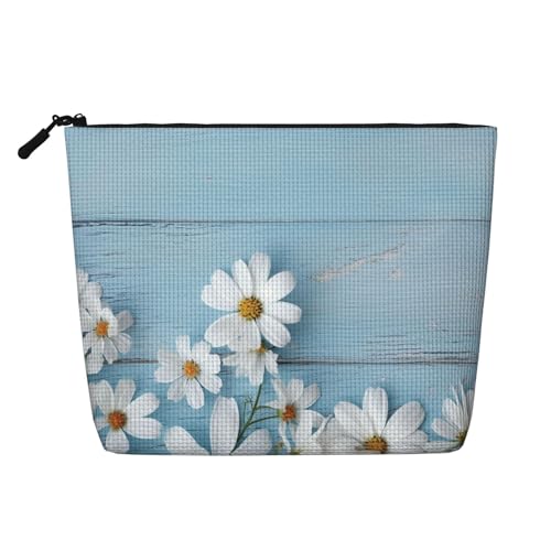 BSCKKDMN Make-up-Tasche aus Holz, mit weißen Blumen, wasserdicht, Reise-Kosmetiktasche, leichter Reißverschluss, Reise-Kulturbeutel, Organizer, Make-up-Pinsel, Aufbewahrungstasche von BSCKKDMN