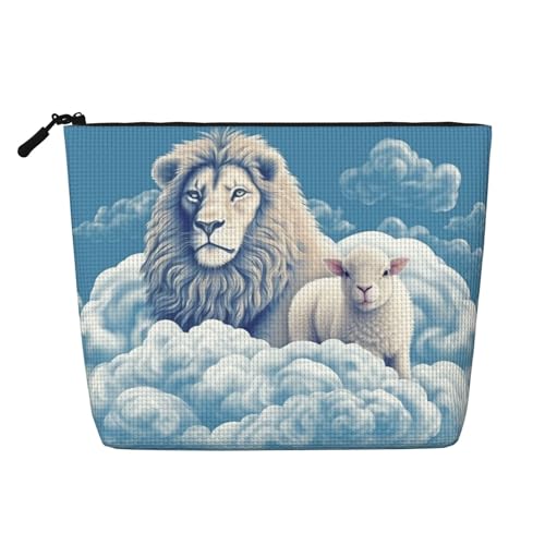 BSCKKDMN Make-up-Tasche für Damen, Lamm mit Löwe, wasserdicht, Leinen, Reise-Kosmetiktasche, leichter Reißverschluss, Reise-Kulturbeutel, Organizer, Make-up-Pinsel, Aufbewahrungstasche BSCKKDMN Make-up-Tasche für Damen, Lamm mit Löwe, wasserdicht, Leinen, Reise-Kosmetiktasche, leichter Reißverschluss, Reise-Kulturbeutel, Organizer, Make-up-Pinsel, Aufbewahrungstasche von BSCKKDMN