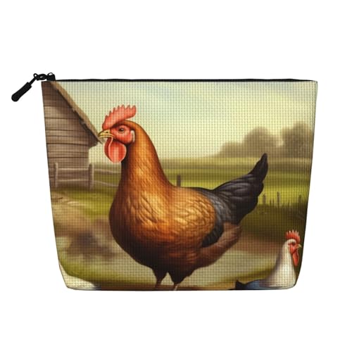 BSCKKDMN Make-up-Tasche für Damen, Motiv: Bauernhof, Geflügel, wasserdicht, Leinen, Reise-Kosmetiktasche, leichter Reißverschluss, Reise-Kulturbeutel, Organizer, Make-up-Pinsel, Aufbewahrungstasche von BSCKKDMN